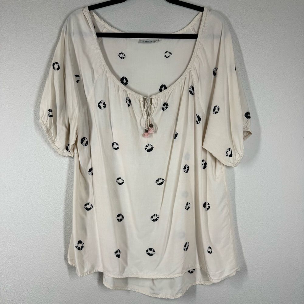 The Odells Oversized Dot Printed Blouse Tassle Top Cream Black Boho Small